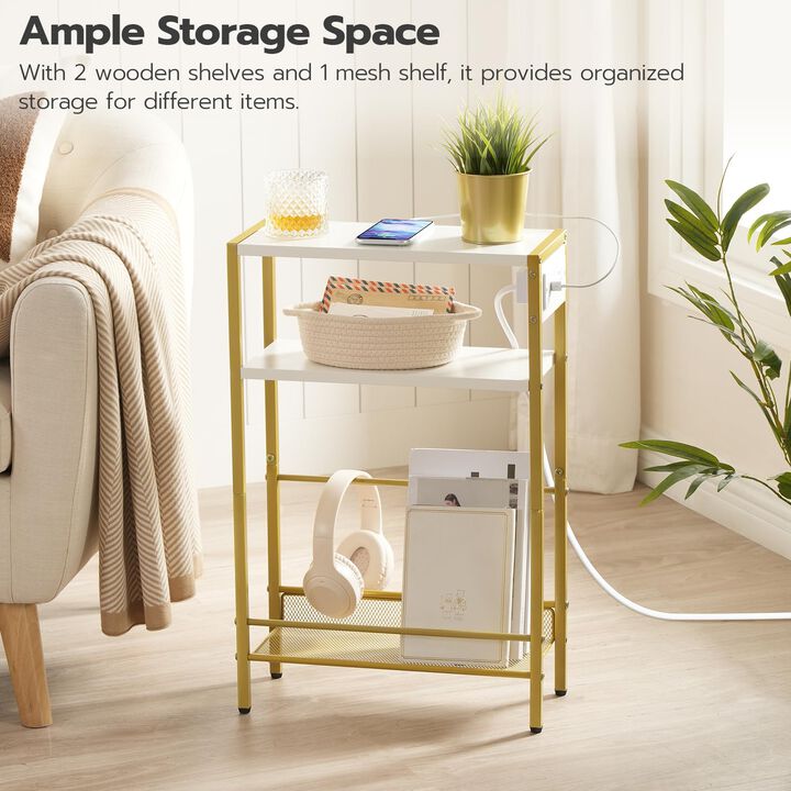 HOOBRO Small Narrow Side Table with Charging Station, Skinny End Table for Small Spaces, Slim Nightstand with USB Ports Outlet,