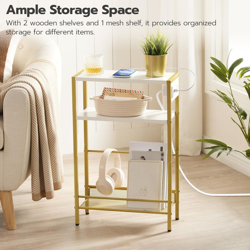 HOOBRO Small Narrow Side Table with Charging Station, Skinny End Table for Small Spaces, Slim Nightstand with USB Ports Outlet,