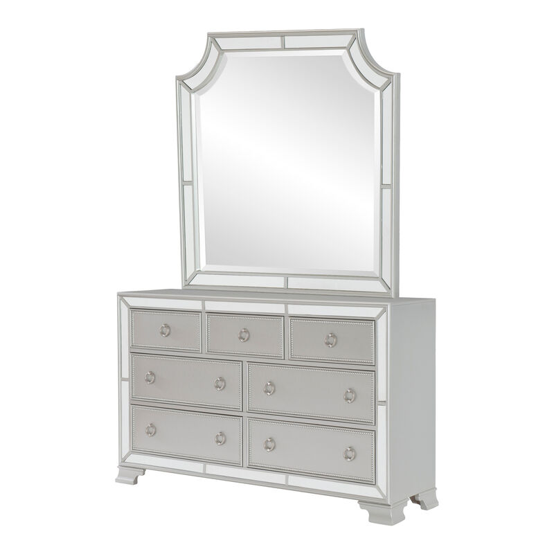 Badra Four Pc Queen Bedroom Set, Crystal Tufted Gray Faux Leather, Silver Mirror Trim - Benzara