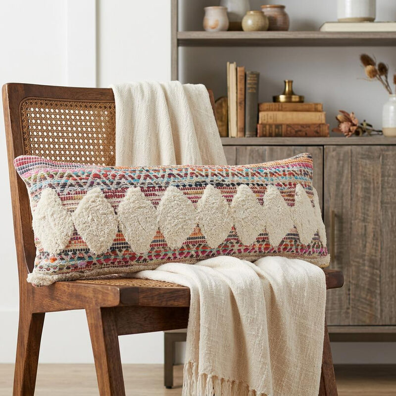 HomeRoots 14" X 36" Natural Blue And Red Lumbar Geometric Cotton Throw Pillow Cover with Tufts image number 1