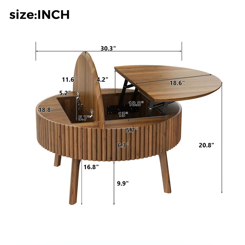 Whisen 30.3" Round Lift-Top Coffee Table, Solid Wood Mid-Century Modern Center Table with Hidden Storage for Living Room image number 9