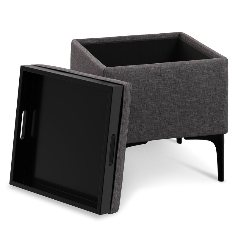 Natasha 18 inch Wide Mid Century Square Mid Century Storage Ottoman with Tray in Slate Grey Polyester Linen, Assembled