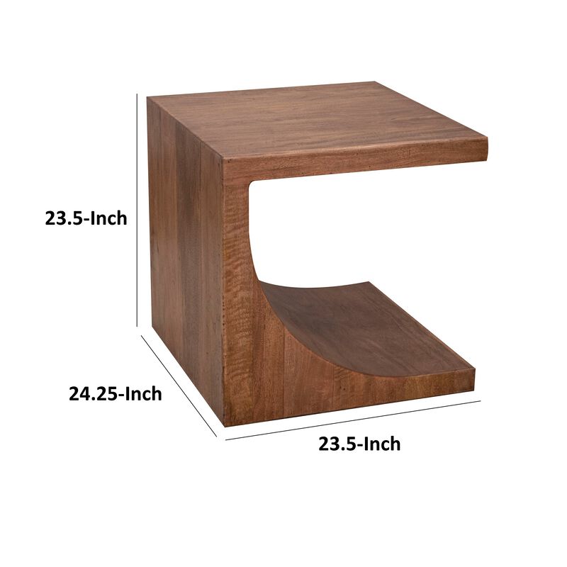 Okai Side End Table, 24 Inch Tabletop, C-Style Brown Solid Mango Wood