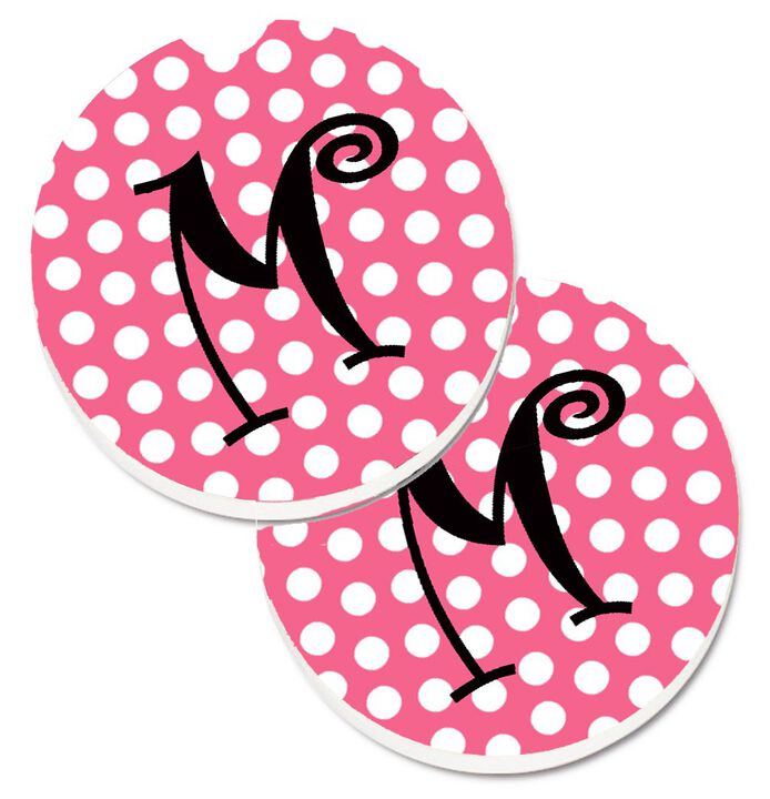 Caroline's Treasures Letter M Monogram - Pink black Polka Dots Set of 2 Cup Holder Car Coasters CJ1001-MCARC, 2.56, Multicolor