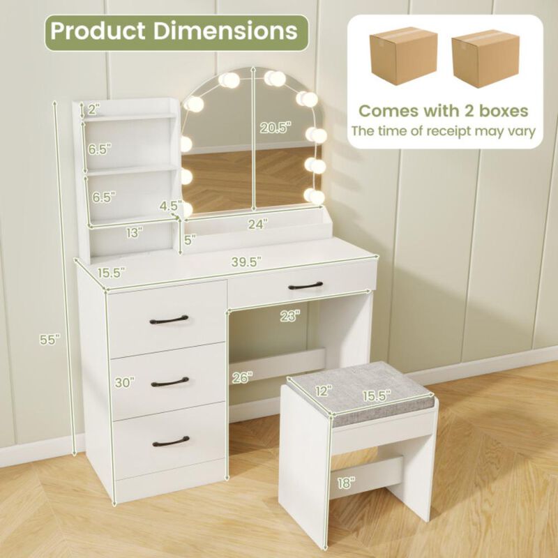 Hivvago Makeup Vanity Desk Dressing Table and Stool Set with Mirror and Lights