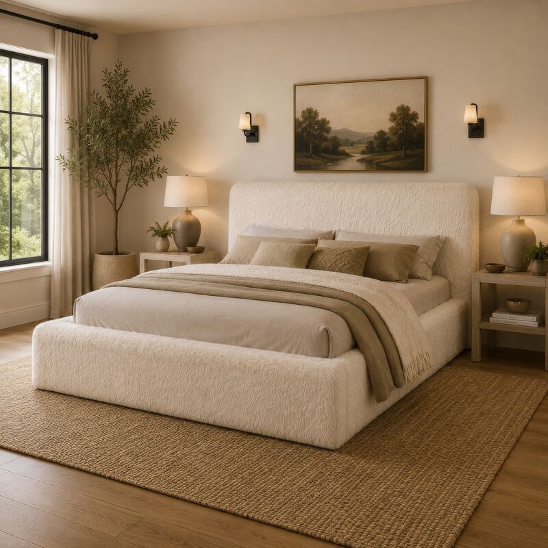 Beca Panel Bed, Foam Headboard, Faux Fur Upholstery, Modern image number 8