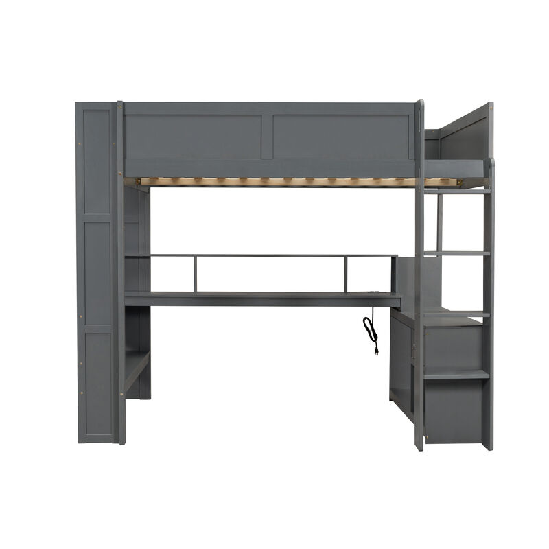 Whisen Wood Full Size Gaming Loft Bed with Desk, Multi-storage Shelves, LED and Charging Station - Dark Gray