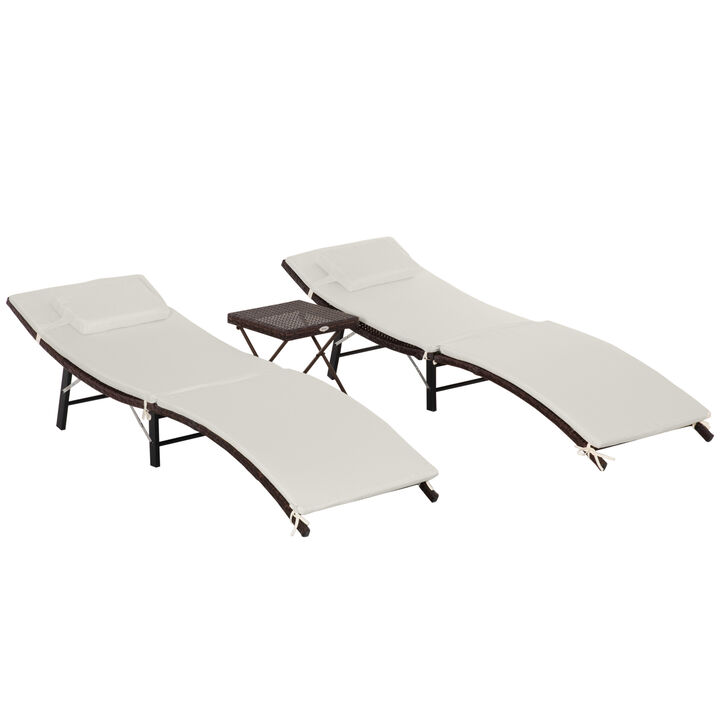 3 Piece Outdoor Folding Rattan Wicker Chaise Lounge Chair and Table Set