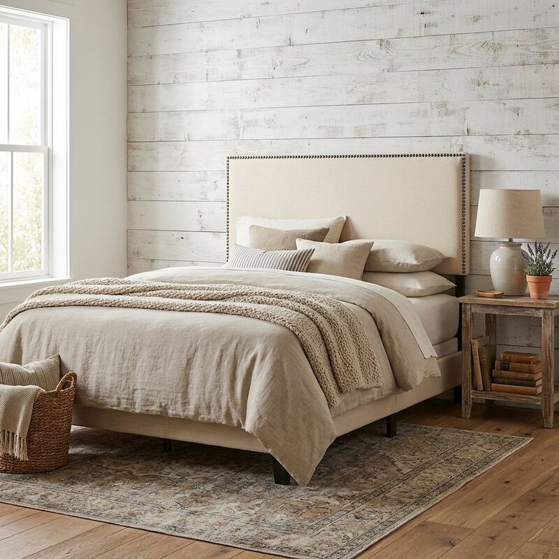 Upholstered Full Headboard, Nailhead Trim in Neutral Fabric for Stylish Bedroom image number 2