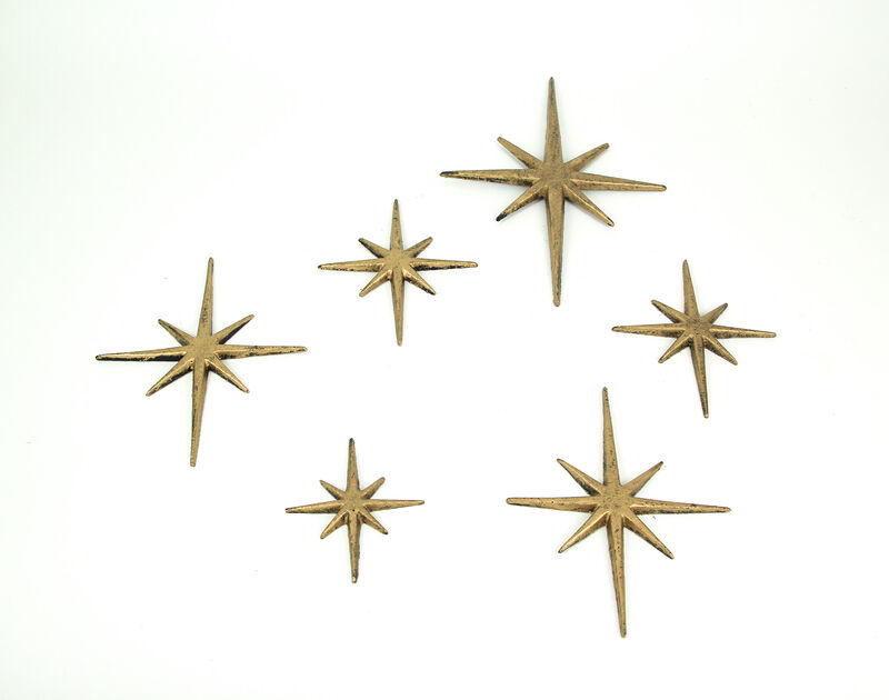 Set of 6 Metallic Gold Cast Iron Starburst Wall Hangings 8 Pointed Stars image number 2