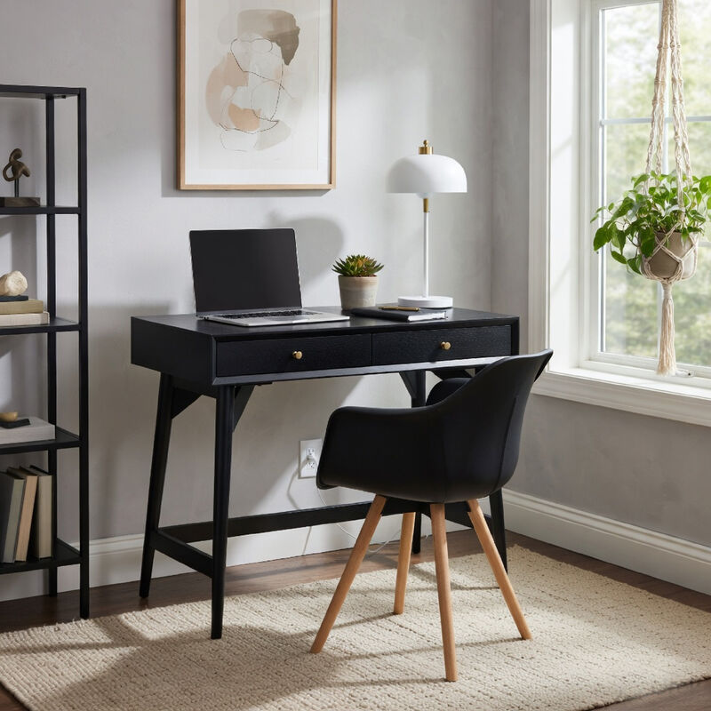 Ian Mini Office Desk, 2 Felt Lined Drawers, Modern Black Wood 36 Inch image number 1