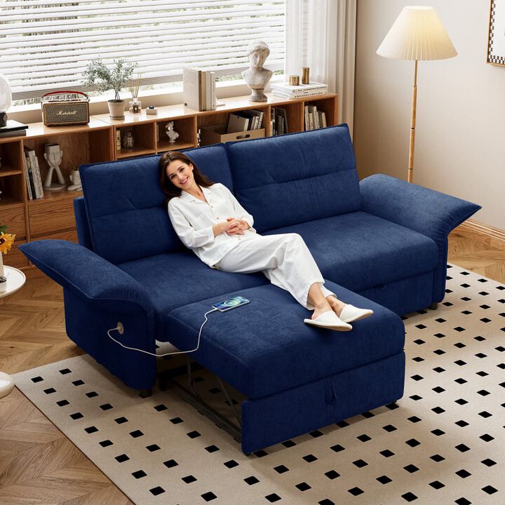 Convertible sleeper sofa bed, Plush fabric pull out futon with USB charging ports, 85 inch sofa bed for small spaces