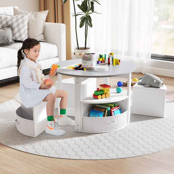 Kids 5-Piece Round Activity Table Set with 4 Nesting Storage Stools &ndash; Grey