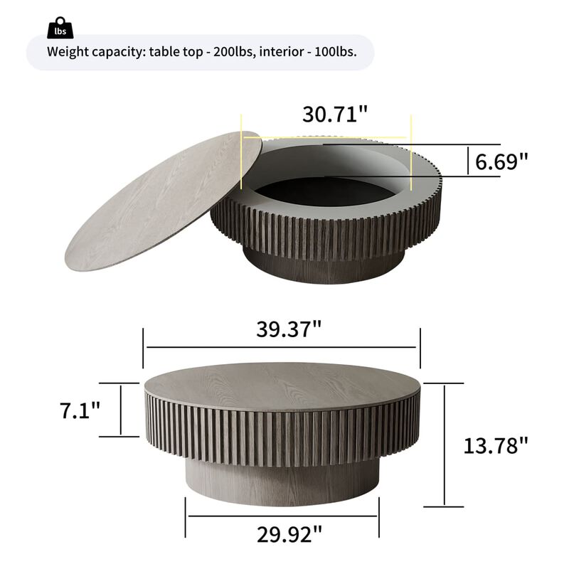 Round coffee table with storage Solid wood veneer and MDF coffee table with fluted base Modern accent coffee table for living room image number 2