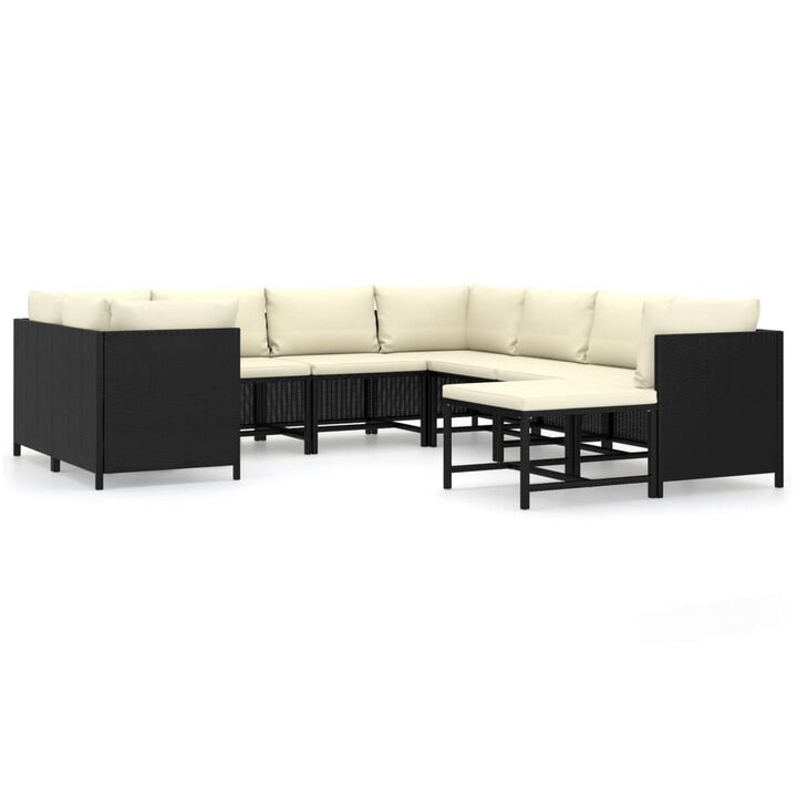 Reno 9pc Outdoor Modular Sofa Set, Ivory Fabric Cushions, Black Rattan - Benzara