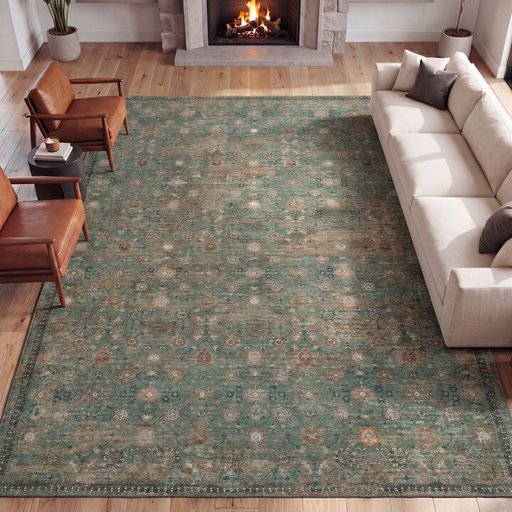 Petunia Distressed All-Over Floral Border Non-Slip Machine-Washable Blue/Light Area Rug