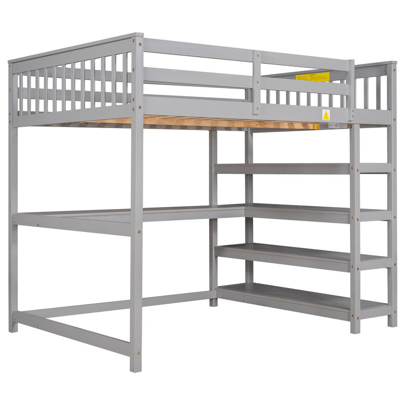 Merax Full Size Loft Bed with Storage Shelves and Under-bed Desk