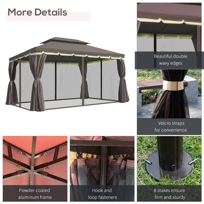 Coffee-Colored Haven: 10'x13' Patio Gazebo with Vented 2-Tier Roof & Mesh Walls