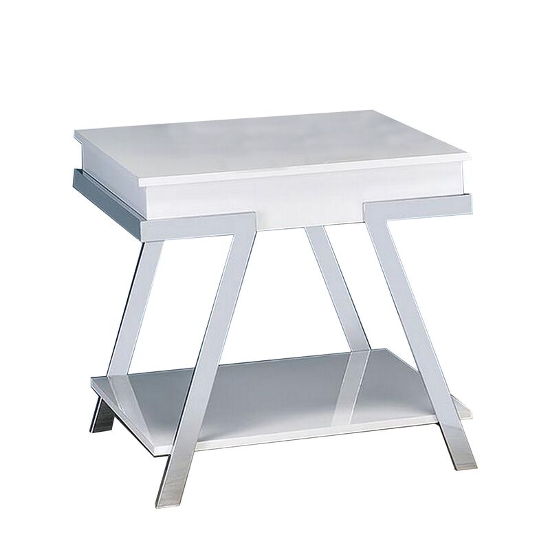 Tius 26 Inch Side End Table, Open Shelf, Chrome, High Gloss White Finish