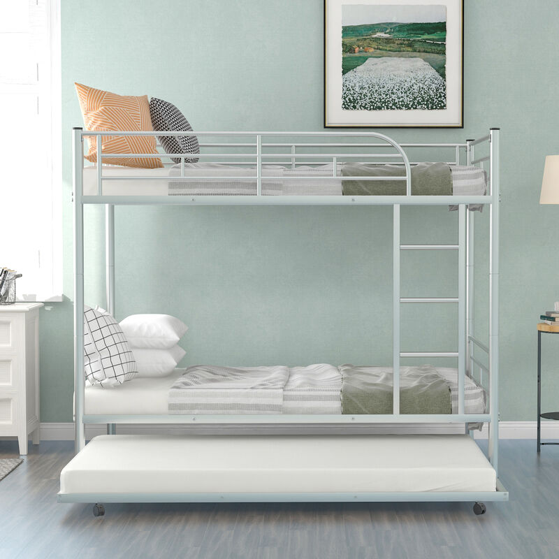 Twin-Over-Twin Metal Bunk Bed With Trundle, Can be Divided into two beds, No Box Spring needed, White