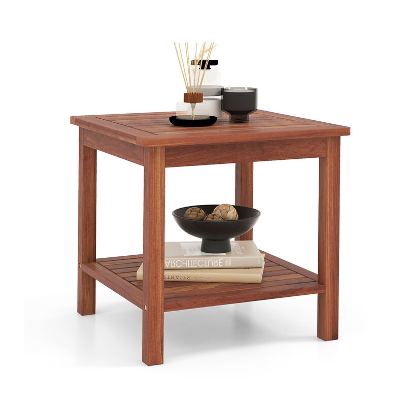 Double-Tier Acacia Wood Patio Side Table with Slatted Tabletop and Shelf