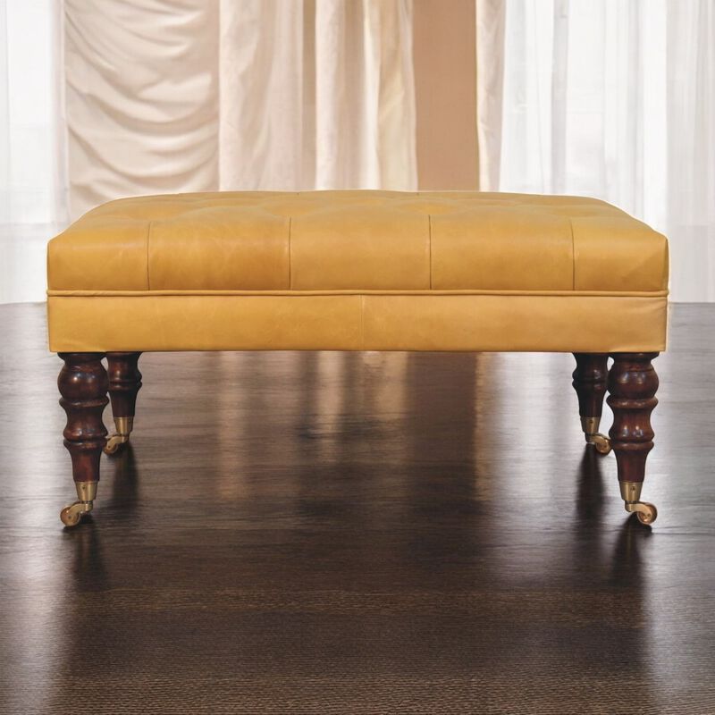 Artisan Furniture Solid Wood Honey Caramel Buffalo Ash Black Leather Ottoman with Castor Legs