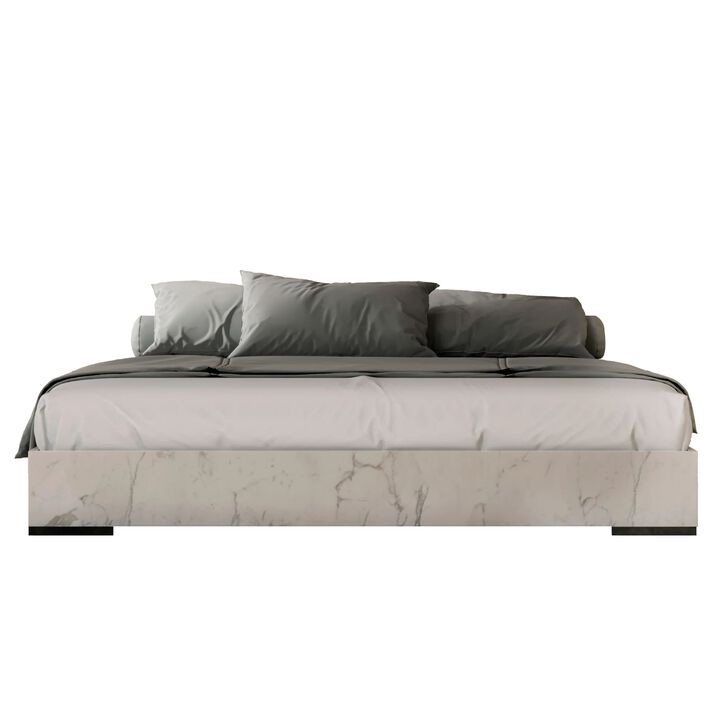 Noe 3pc Queen Size Bedroom Set, White Faux Marble Finish, Wall Panel Design - Benzara