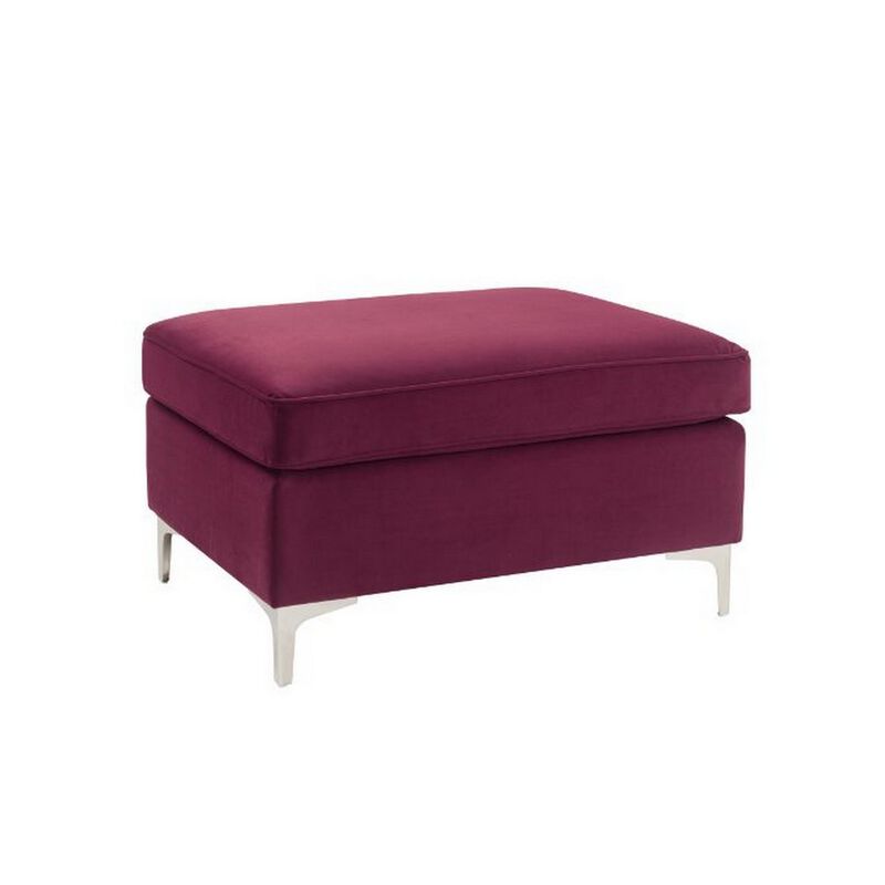 Ottoman with Velvet Upholstery and Metal Legs, Red-Benzara image number 1