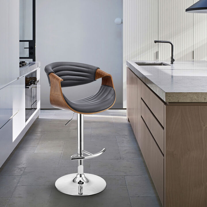 Gionni Adjustable Swivel Grey Faux Leather and Walnut Wood Stool with Chrome Base