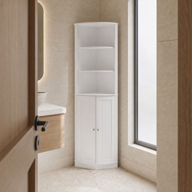 ELEMENT ACE 67 Inch Tall Freestanding Corner Storage Cabinet with 2 Doors, Adjustable Shelves for Bathroom, Kitchen, Living Spaces image number 3