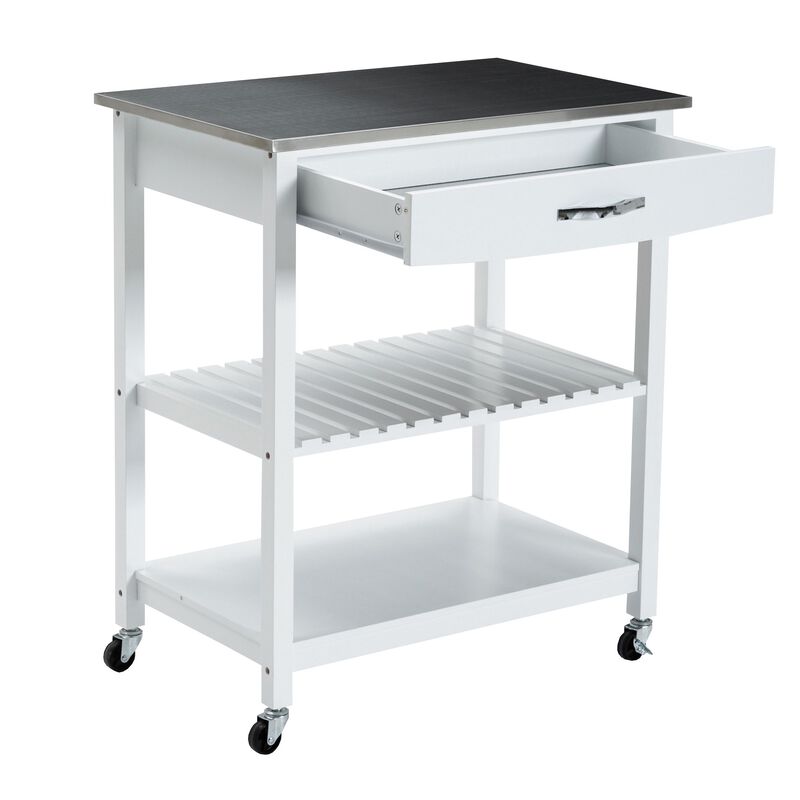 Kitchen Cart with 1 Slatted Shelf and 1 Drawer, White and Gray - Benzara