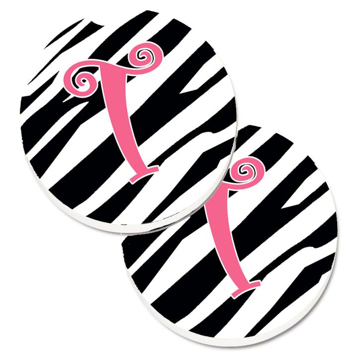Caroline's Treasures Monogram Initial T Zebra Stripe & Pink Set of 2 Cup Holder Car Coasters CJ1037-TCARC, 2.56, Multicolor