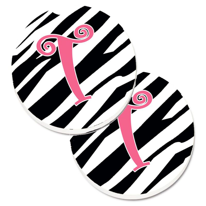 Caroline's Treasures Monogram Initial T Zebra Stripe & Pink Set of 2 Cup Holder Car Coasters CJ1037-TCARC, 2.56, Multicolor