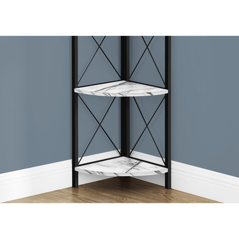 Monarch Specialties I 3651 Bookshelf, Bookcase, Etagere, Corner, 4 Tier, 60"H, Office, Bedroom, Metal, Laminate, White Marble Look, Black, Contemporary, Modern