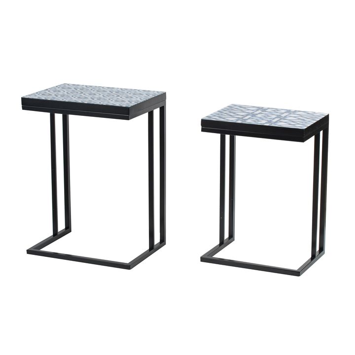 22, 24 Inch Nesting End Tables, Set of 2, Blue And White Pattern Top-Benzara