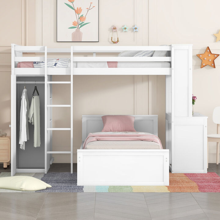 Twin size Loft Bed with a Stand-alone bed, Shelves, Desk, and Wardrobe-White