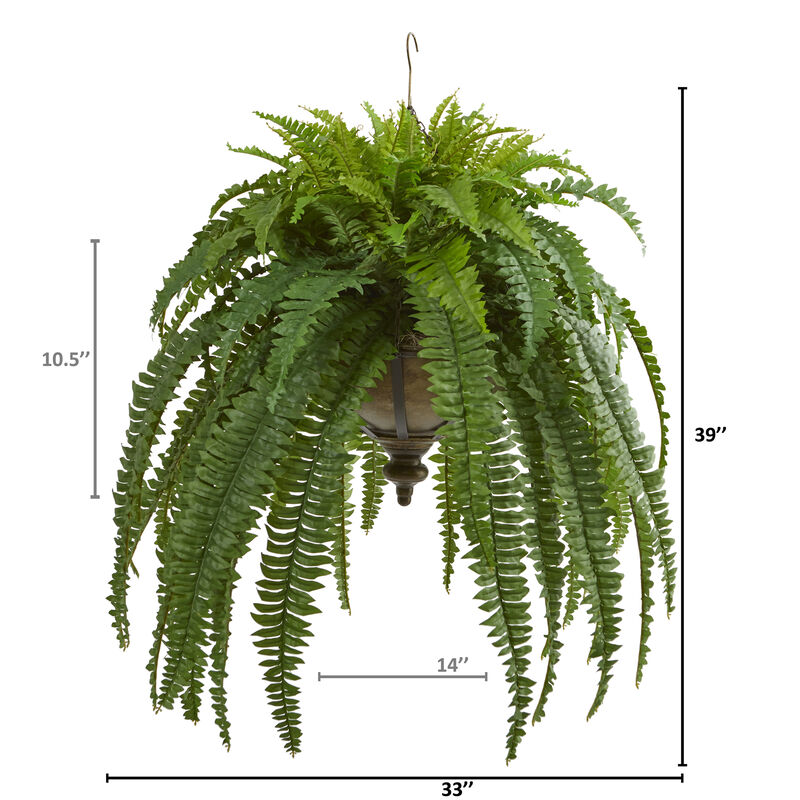 Hivvago 39" Boston Fern Artificial Plant in Metal Hanging Bowl