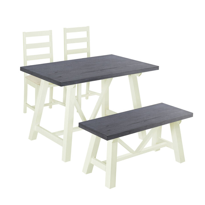 Farmhouse 4-Piece Dining Table Set Solid Wood Kitchen Table Set with Bench for Small Places, Grey+Buttermilk