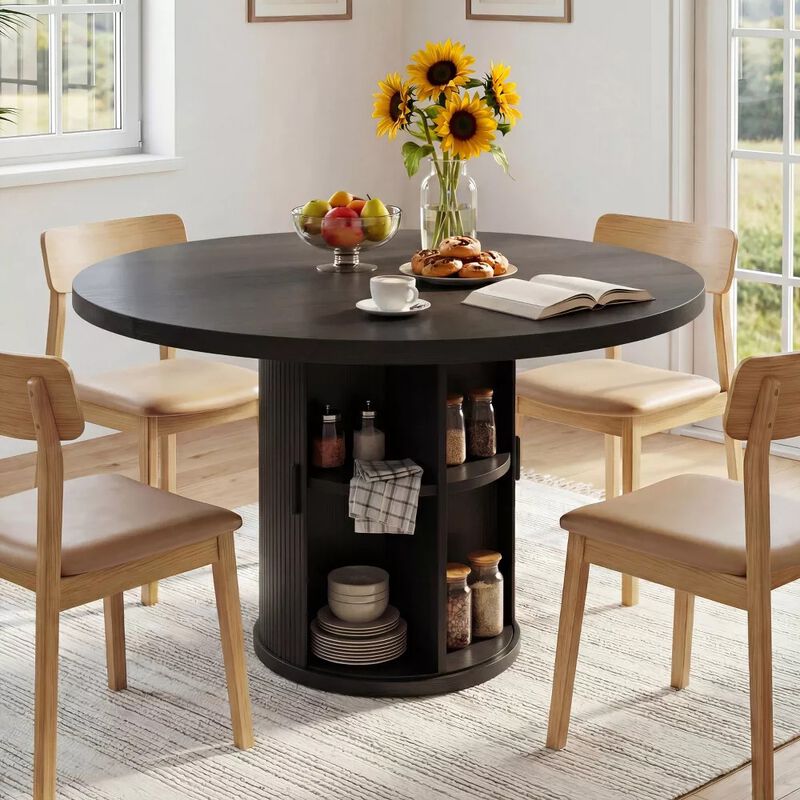 Vipbear 35.43" Round Dining Table for 4, Modern Wooden Kitchen Table with Built-in Storage Shelves image number 8
