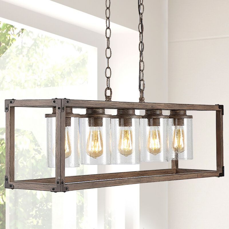 Zeniba 5-Light Linear Adjustable Iron/Seeded Glass Rustic Farmhouse LED Pendant