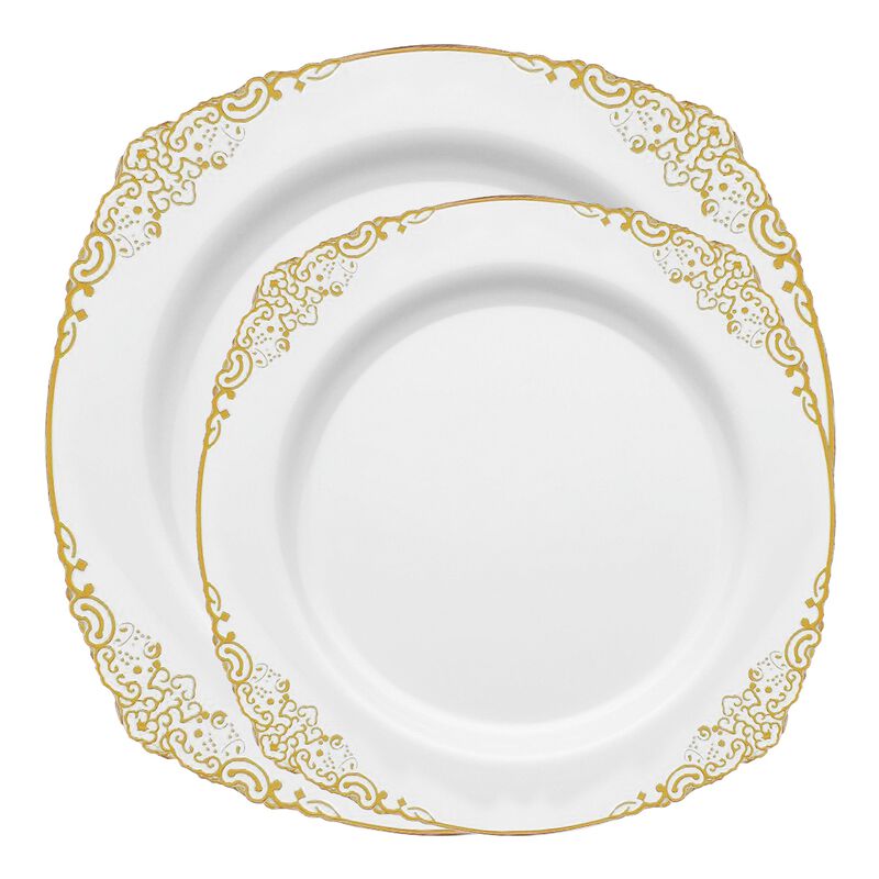 White with Gold Fancy Round Plastic Dinnerware Value Set (120 Sets) image number 0