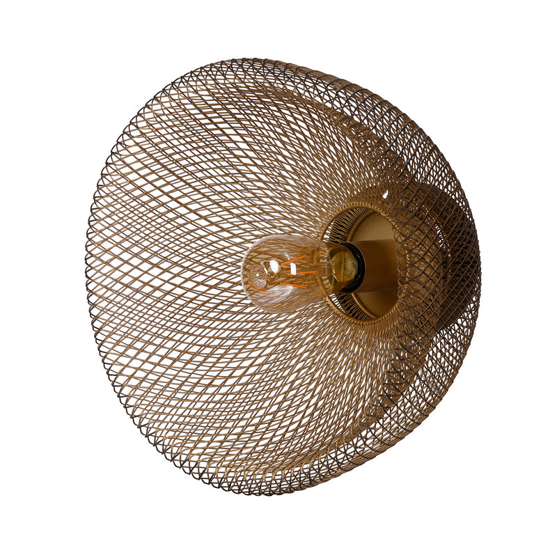 14 Inch Round Wall Mounted Lamp, Iron Mesh and Hardware, Gold Finished - Benzara