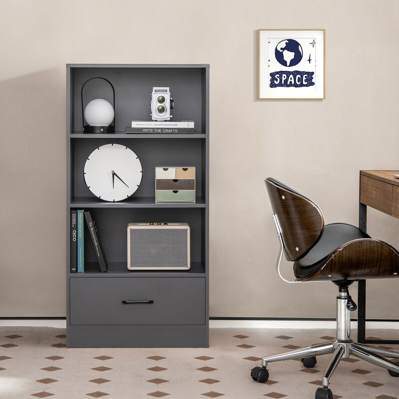 4 Tiers Wood Bookcase with Drawer