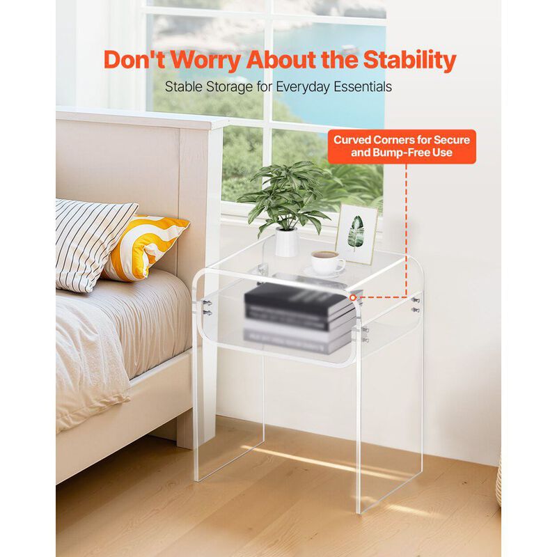 Clear Acrylic Bedside Table 2 Tier with Storage Shelf Modern End Table-Clear image number 6
