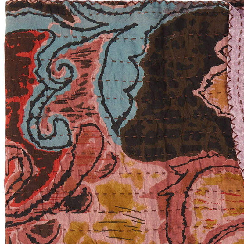 HomeRoots 50" X 70" Brown And Pink Floral Cotton Quilted Kantha Throw Blanket with Embroidery image number 3