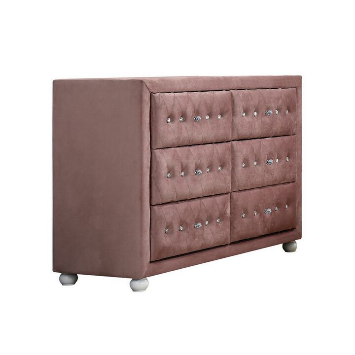 Rex 40 Inch Modern Upholstered Dresser, 6 Drawers, Crystal Handles, Pink-Benzara