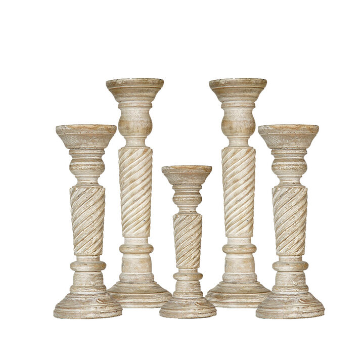 Traditional Antique White Eco-friendly Handmade Mango Wood Set Of Five 15",12",9",12" & 15" Pillar Candle Holder BBH Homes
