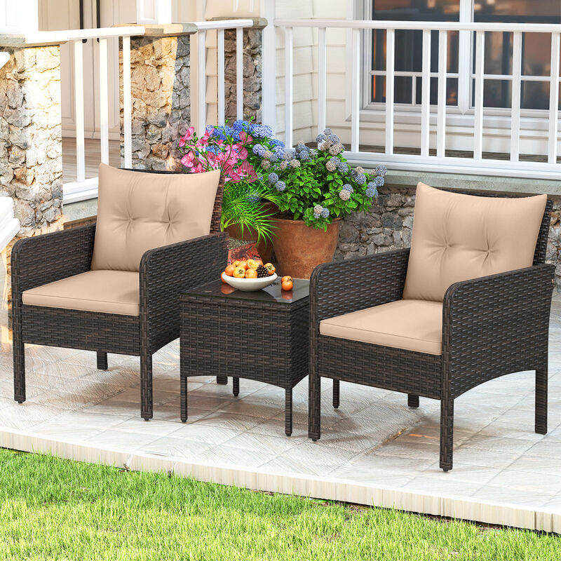 3-Piece Patio Wicker Furniture Set with Cushions for Balcony and Porch image number 1