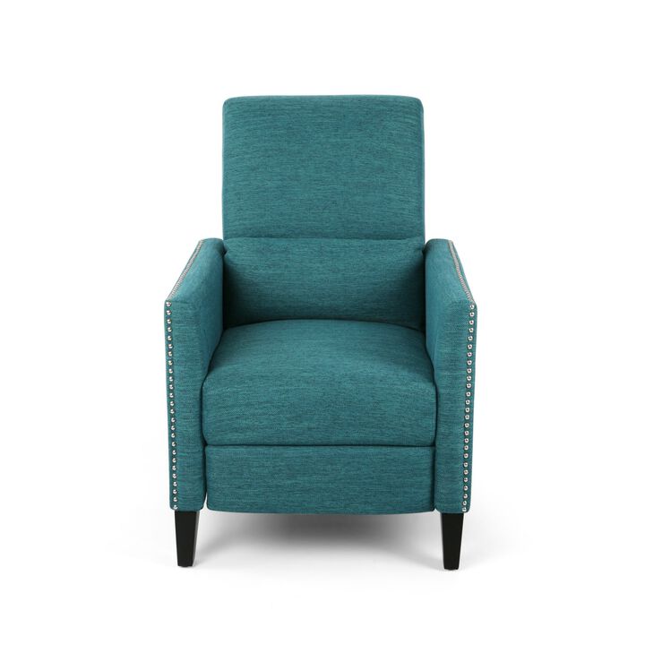 Davy Pushback Recliner Chair, Nailhead Trim, Birch Wood, Teal Fabric - Benzara