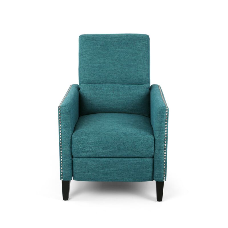 Davy Pushback Recliner Chair, Nailhead Trim, Birch Wood, Teal Fabric - Benzara
